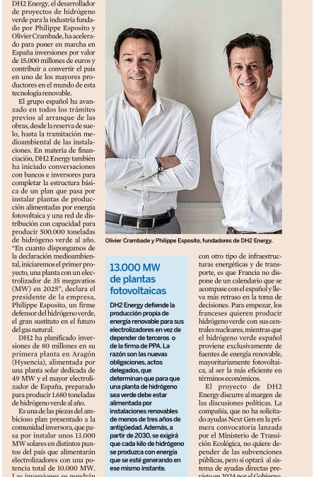 Artículo en el periódico Expansión: “DH2 acelera para invertir en España 15.000 millones en hidrógeno verde”